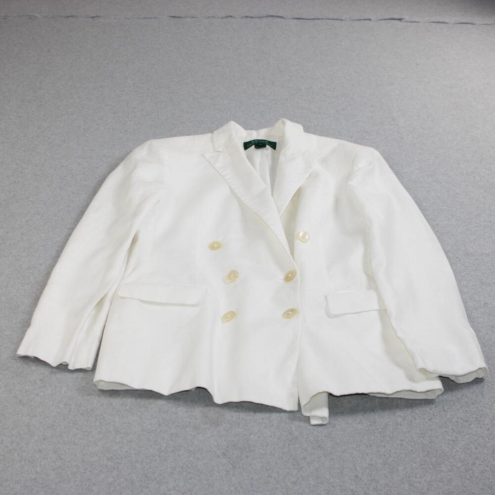 Lauren Ralph Linen Blazer Women 12 White Double Breasted Academia Heritage Y2K